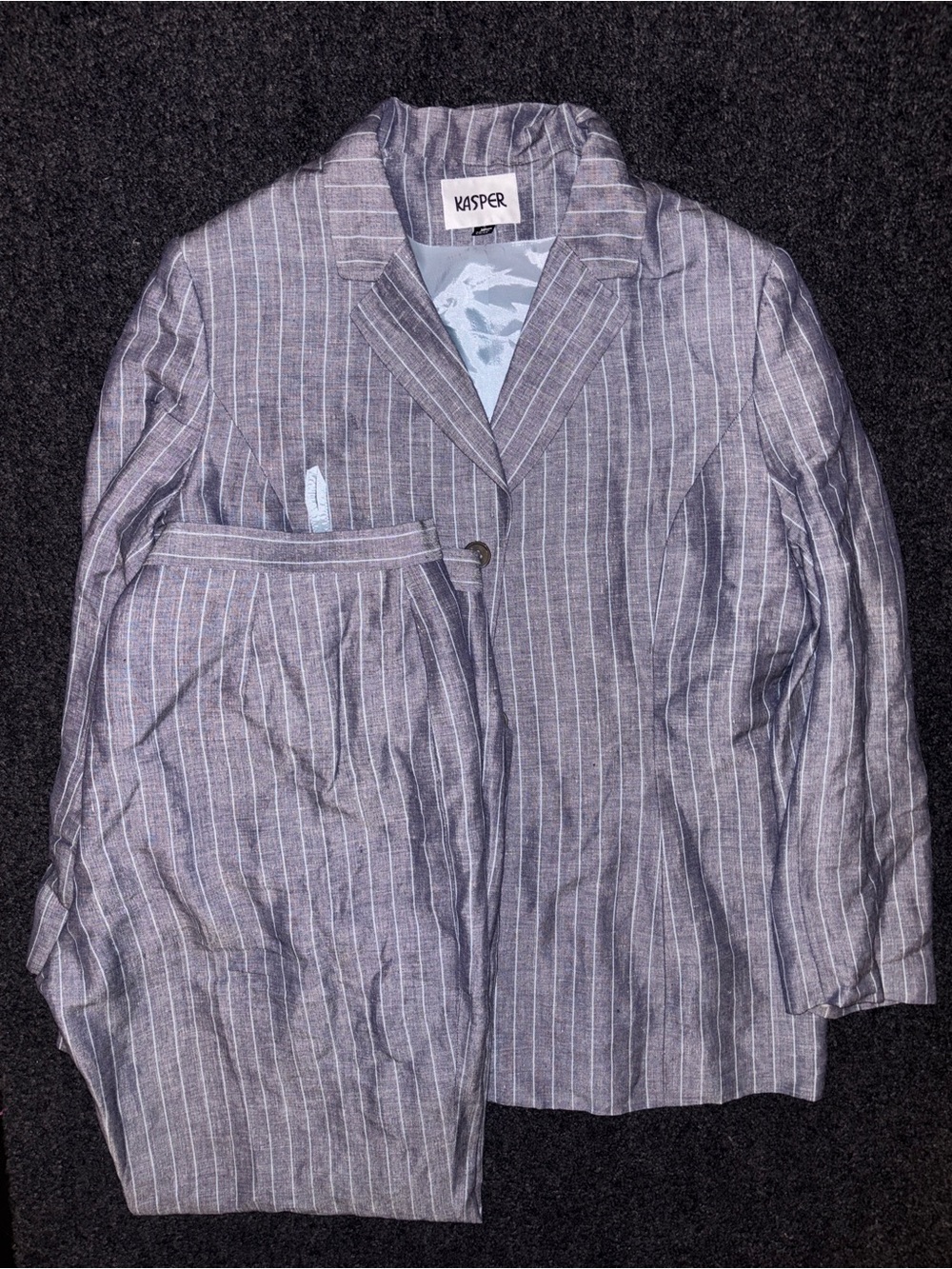 Kasper Linen Blend Pinstripe 2 Pc Pants Blazer 16 Corporate Chic Career Casual